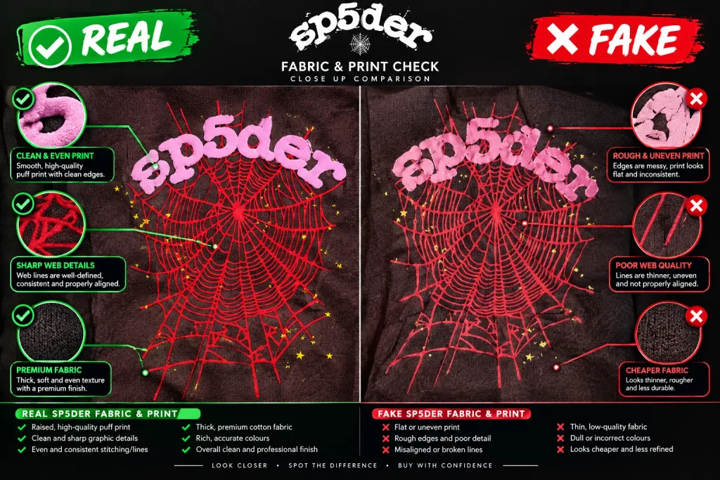 Sp5der Fabric Check Real vs Fake Closeup and Infographics by Sp5der.co.uk