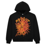 Sp5der Flame Web Graphic Hoodie Black Orange